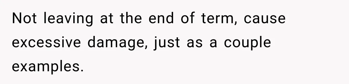 Not leaving at the end of term, cause excessive damage, just as a couple examples.