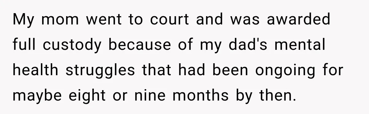 Bride Refuses To Replace Her Dad At Her Wedding And Her Mom Won’t Let It Go My mom went to court and was awarded full custody because of my dad's mental health struggles that had been ongoing for maybe eight or nine months by then.