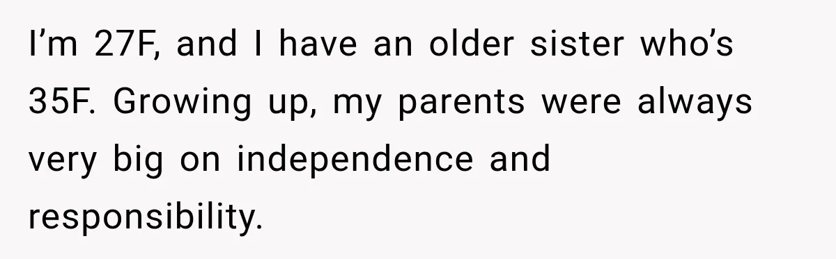 I’m 27F, and I have an older sister who’s 35F. Growing up, my parents were always very big on independence and responsibility.
