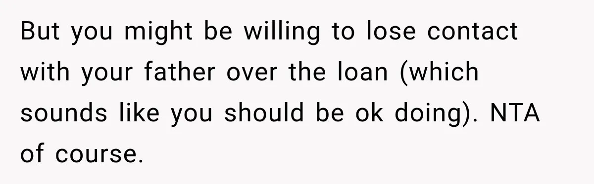 But you might be willing to lose contact with your father over the loan (which sounds like you should be ok doing). NTA of course.