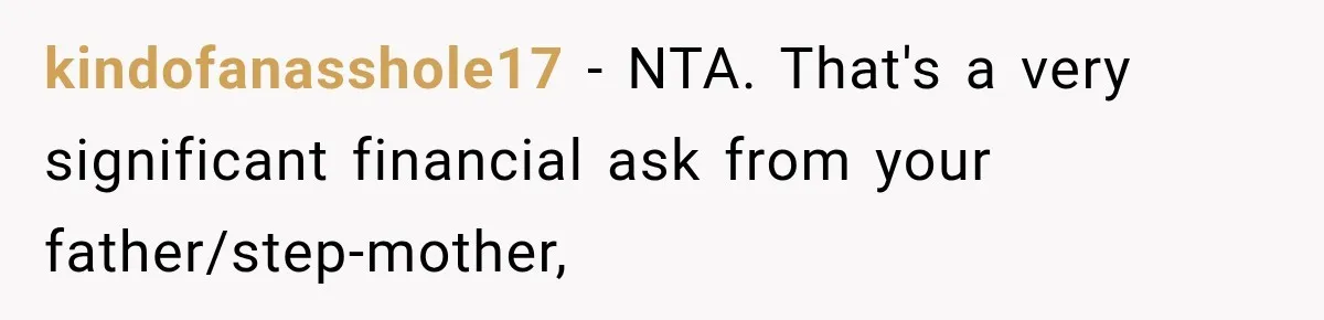 kindofanasshole17 − NTA. That's a very significant financial ask from your father/step-mother,