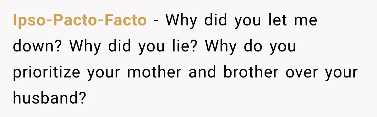 Husband Refuses To Repeat Miserable Family Vacation After Wife Breaks Their Agreement Ipso-Pacto-Facto − Why did you let me down? Why did you lie? Why do you prioritize your mother and brother over your husband?