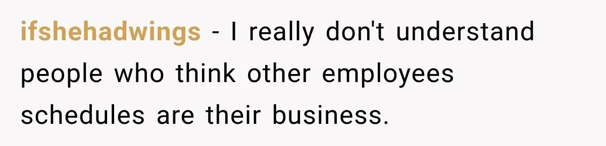 Coworkers Kept Complaining About Her Remote Job Until She Revealed The Heartbreaking Reason ifshehadwings − I really don't understand people who think other employees schedules are their business.