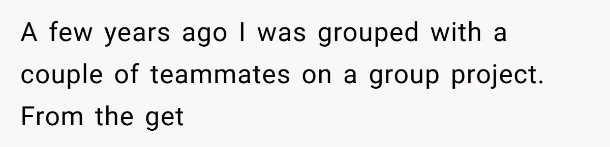 A few years ago I was grouped with a couple of teammates on a group project. From the get
