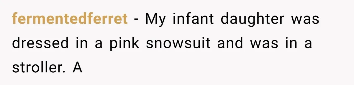 fermentedferret − My infant daughter was dressed in a pink snowsuit and was in a stroller. A
