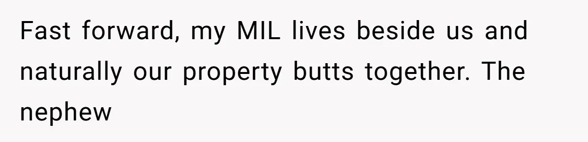 Fast forward, my MIL lives beside us and naturally our property butts together. The nephew