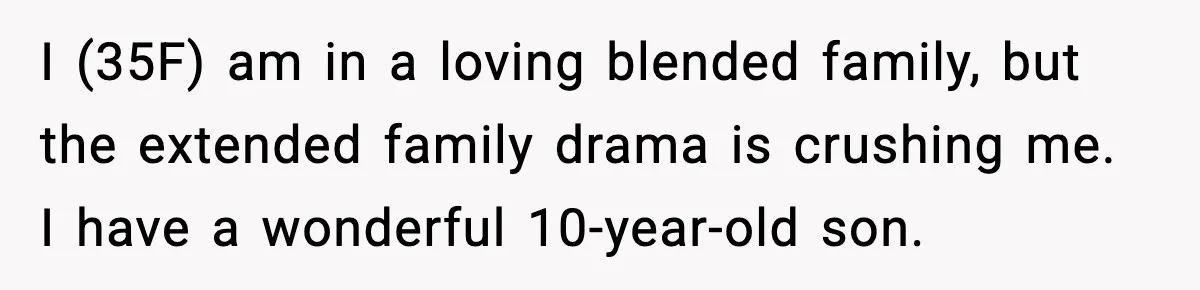I (35F) am in a loving blended family, but the extended family drama is crushing me. I have a wonderful 10-year-old son.