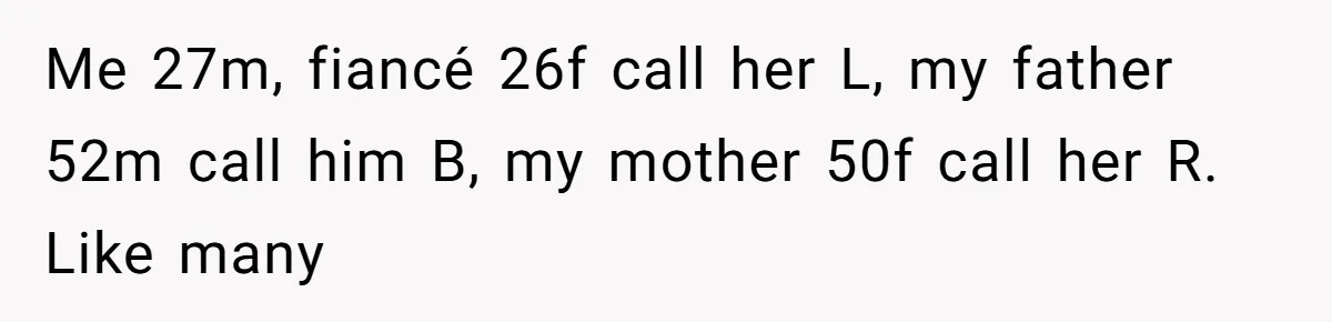 Me 27m, fiancé 26f call her L, my father 52m call him B, my mother 50f call her R. Like many