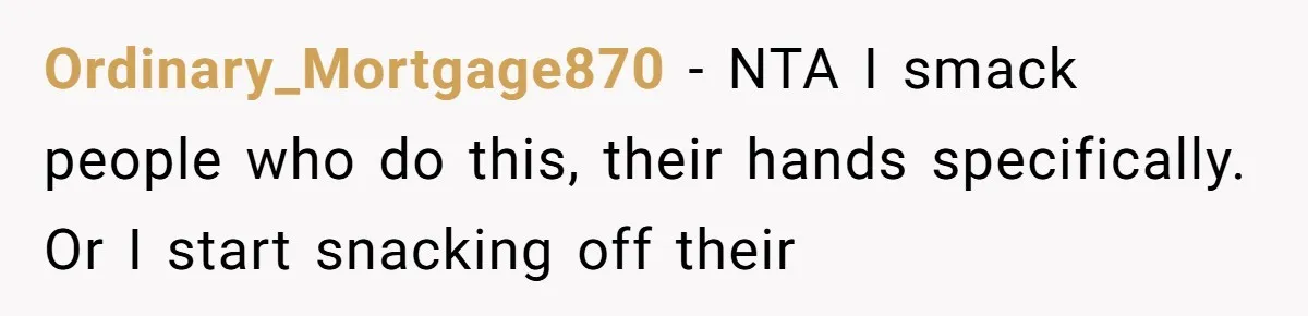 Ordinary_Mortgage870 − NTA I smack people who do this, their hands specifically. Or I start snacking off their