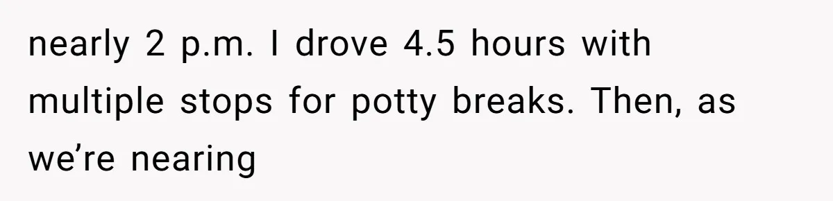 nearly 2 p.m. I drove 4.5 hours with multiple stops for potty breaks. Then, as we’re nearing