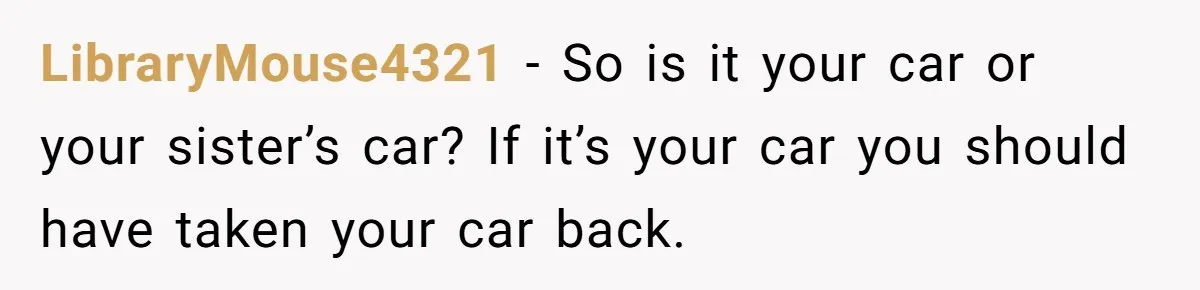 LibraryMouse4321 − So is it your car or your sister’s car? If it’s your car you should have taken your car back.