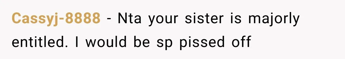Cassyj-8888 − Nta your sister is majorly entitled. I would be sp pissed off