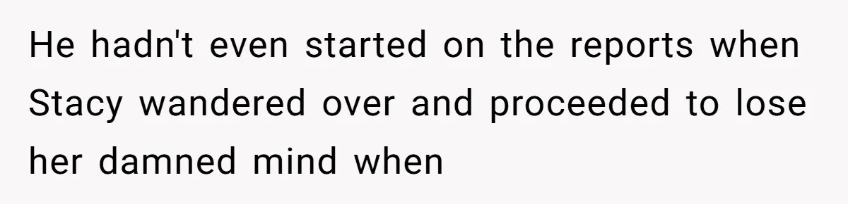 He hadn't even started on the reports when Stacy wandered over and proceeded to lose her damned mind when