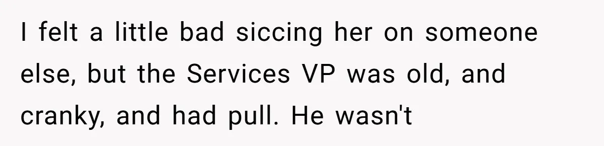 I felt a little bad siccing her on someone else, but the Services VP was old, and cranky, and had pull. He wasn't