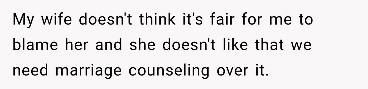 My wife doesn't think it's fair for me to blame her and she doesn't like that we need marriage counseling over it.