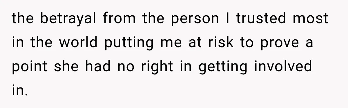 the betrayal from the person I trusted most in the world putting me at risk to prove a point she had no right in getting involved in.