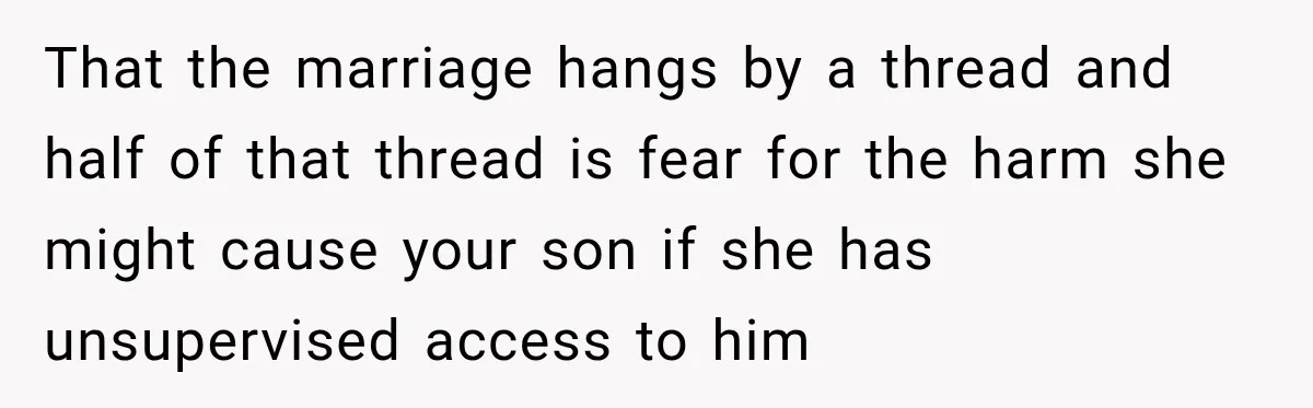 That the marriage hangs by a thread and half of that thread is fear for the harm she might cause your son if she has unsupervised access to him
