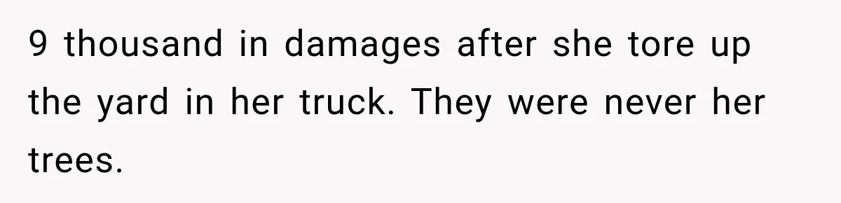 9 thousand in damages after she tore up the yard in her truck. They were never her trees.
