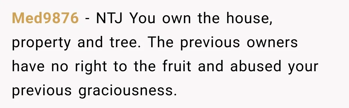 Med9876 − NTJ You own the house, property and tree. The previous owners have no right to the fruit and abused your previous graciousness.