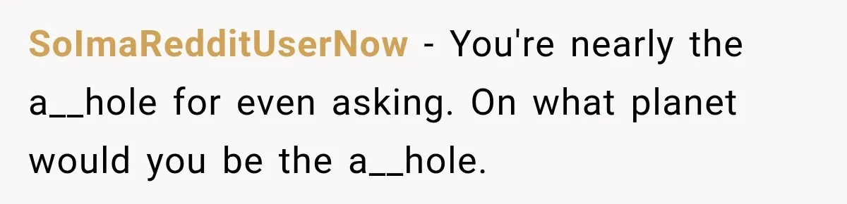SoImaRedditUserNow − You're nearly the a__hole for even asking. On what planet would you be the a__hole.