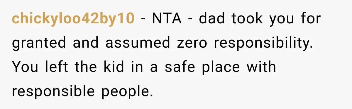 chickyloo42by10 − NTA - dad took you for granted and assumed zero responsibility. You left the kid in a safe place with responsible people.