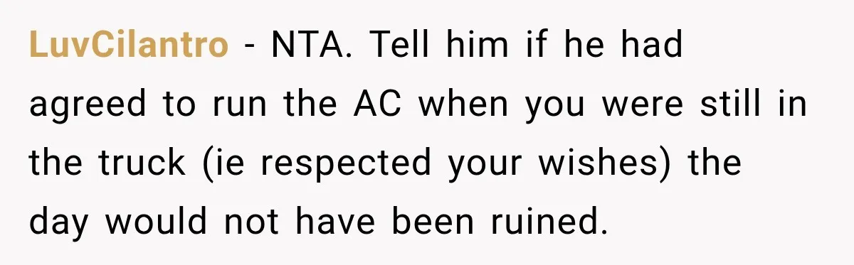 Driver Refused To Turn On The AC, Three Friends Walked Away Instead LuvCilantro − NTA. Tell him if he had agreed to run the AC when you were still in the truck (ie respected your wishes) the day would not have been...