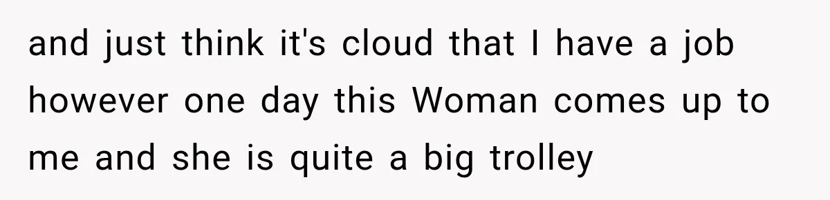 and just think it's cloud that I have a job however one day this Woman comes up to me and she is quite a big trolley