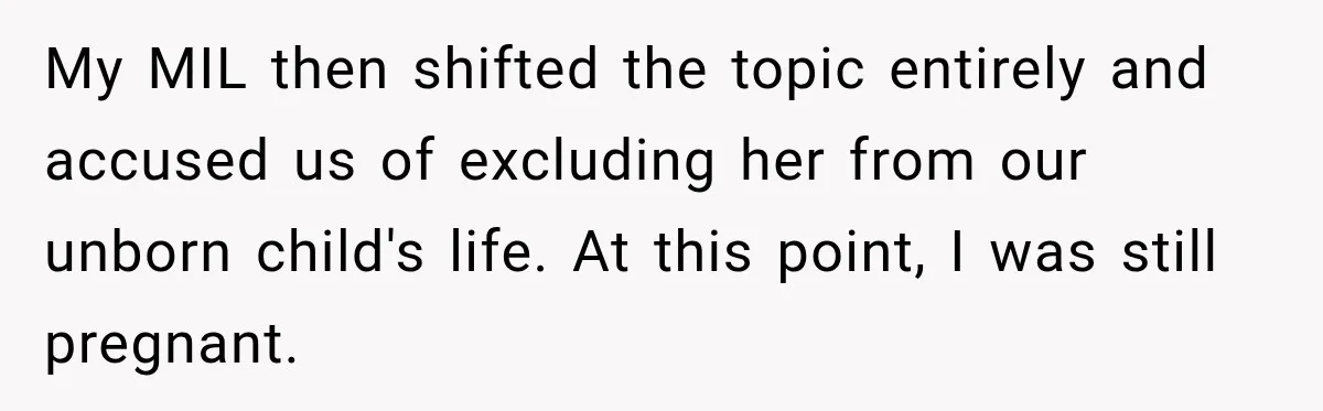 My MIL then shifted the topic entirely and accused us of excluding her from our unborn child's life. At this point, I was still pregnant.