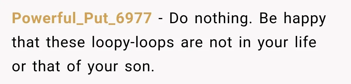 Powerful_Put_6977 − Do nothing. Be happy that these loopy-loops are not in your life or that of your son.