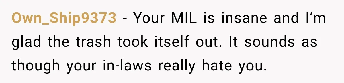 Own_Ship9373 − Your MIL is insane and I’m glad the trash took itself out. It sounds as though your in-laws really hate you.