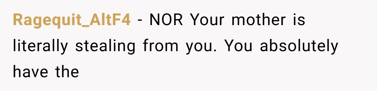 Mom Kept Selling Her Eggs, Then She Emptied the Fridge Before Breakfast Without Asking Ragequit_AltF4 − NOR Your mother is literally stealing from you. You absolutely have the
