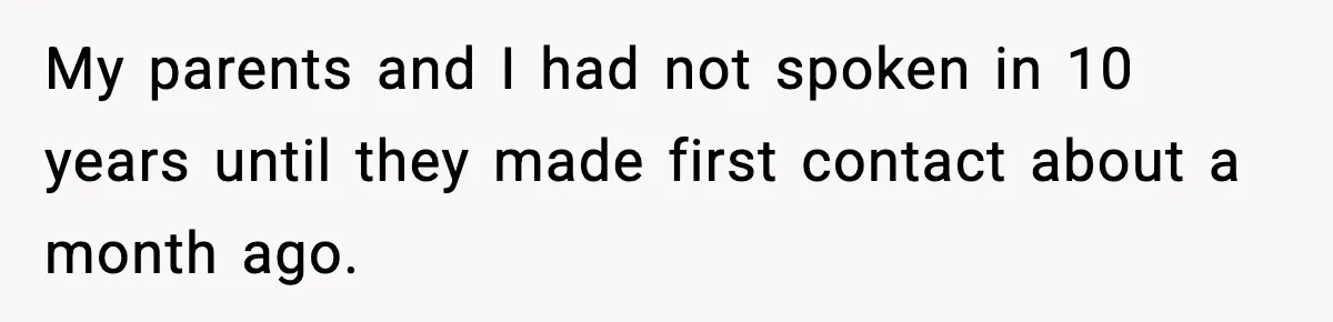 Parents Reached Out After 10 Years, Only After Their Other Child Was Institutionalized My parents and I had not spoken in 10 years until they made first contact about a month ago.