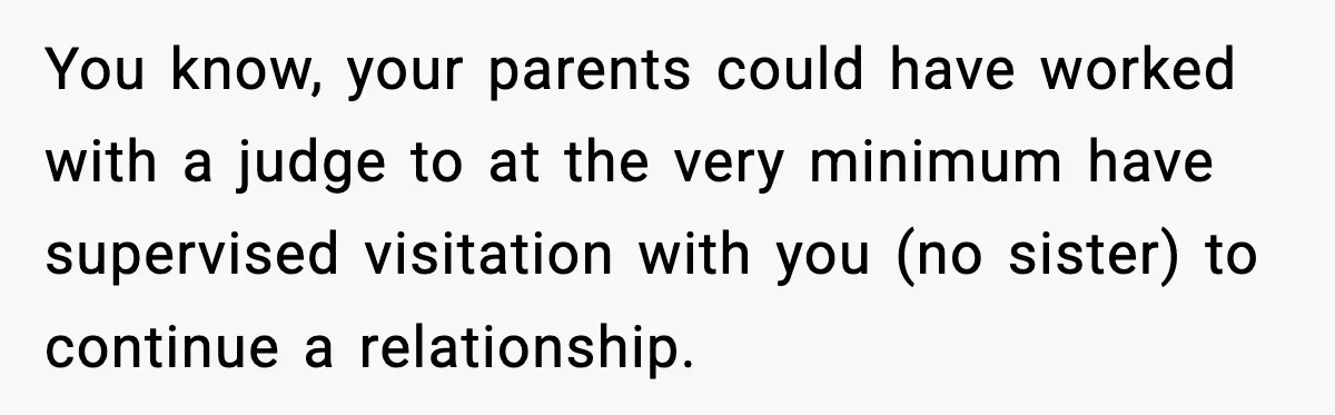 Parents Reached Out After 10 Years, Only After Their Other Child Was Institutionalized You know, your parents could have worked with a judge to at the very minimum have supervised visitation with you (no sister) to continue a relationship.
