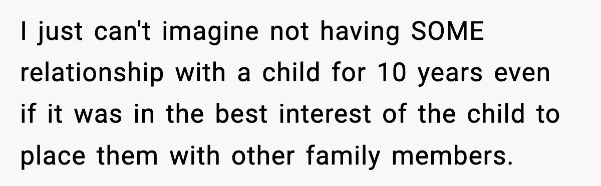 Parents Reached Out After 10 Years, Only After Their Other Child Was Institutionalized I just can't imagine not having SOME relationship with a child for 10 years even if it was in the best interest of the child to place them with other...