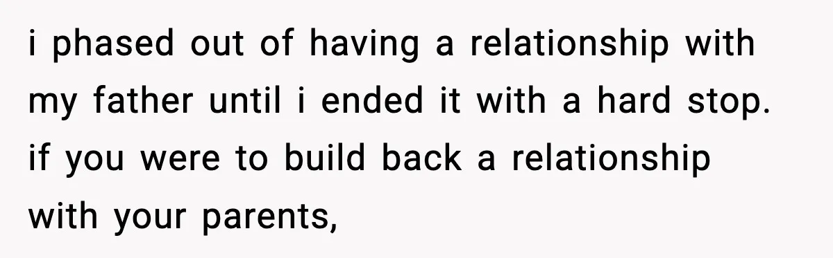 Parents Reached Out After 10 Years, Only After Their Other Child Was Institutionalized i phased out of having a relationship with my father until i ended it with a hard stop. if you were to build back a relationship with your parents,