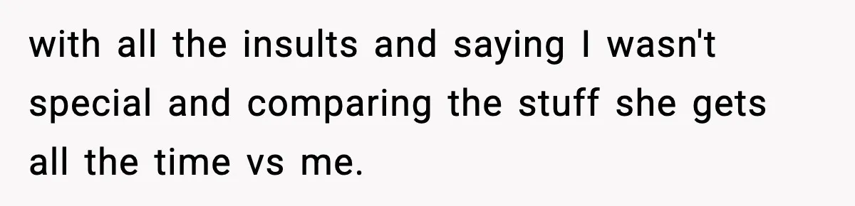 Parents Treated Their “Miracle Child” Like Royalty, Then Blamed Their Other Daughter For Leaving with all the insults and saying I wasn't special and comparing the stuff she gets all the time vs me.