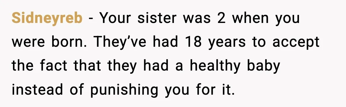 Parents Treated Their “Miracle Child” Like Royalty, Then Blamed Their Other Daughter For Leaving Sidneyreb − Your sister was 2 when you were born. They’ve had 18 years to accept the fact that they had a healthy baby instead of punishing you for it.