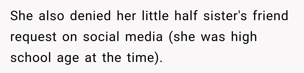 Stepdaughter Returned After 17 Years, Then Began Calling 12 Times A Day She also denied her little half sister's friend request on social media (she was high school age at the time).