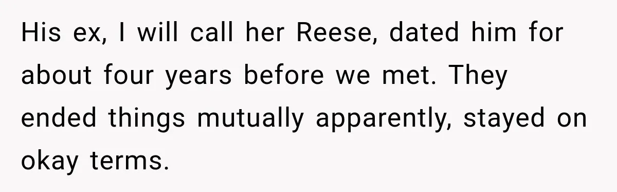 Husband’s Ex Crashed Their Wedding, Then Cried When The Bride Asked Her To Leave His ex, I will call her Reese, dated him for about four years before we met. They ended things mutually apparently, stayed on okay terms.
