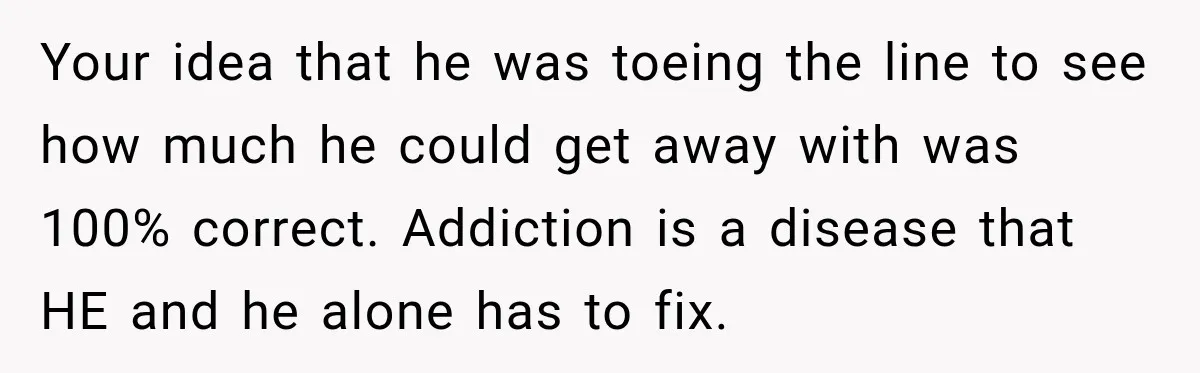Your idea that he was toeing the line to see how much he could get away with was 100% correct. Addiction is a disease that HE and he alone has...