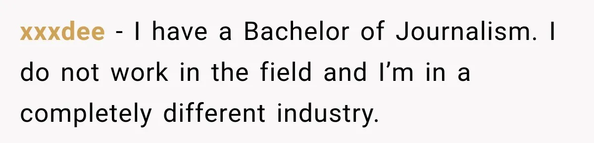 Woman Calls Out Friend For Introducing Herself As A Sociologist With Only A BA xxxdee − I have a Bachelor of Journalism. I do not work in the field and I’m in a completely different industry.