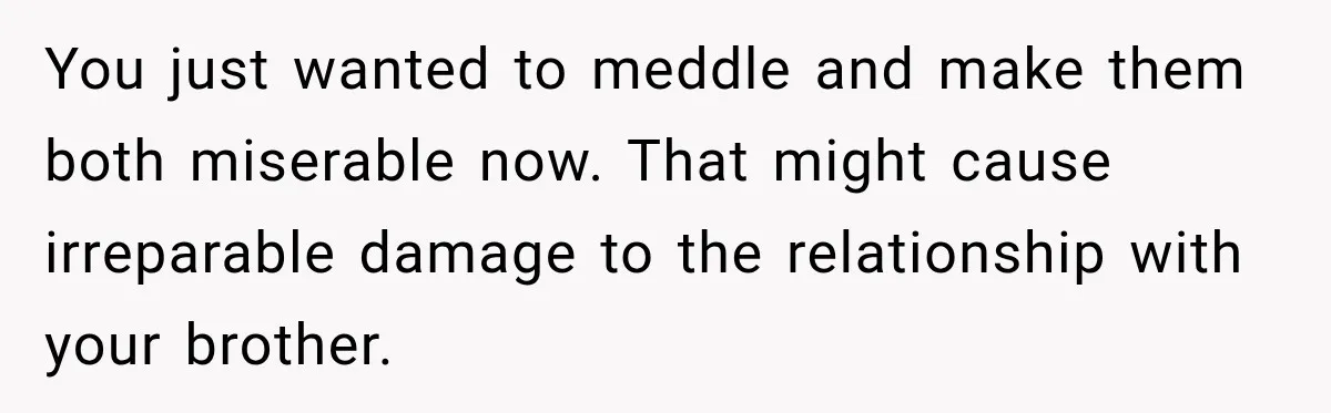 Man Reveals Brother Delayed Proposal Until His Girlfriend Earned More, Wedding Gets Put On Hold You just wanted to meddle and make them both miserable now. That might cause irreparable damage to the relationship with your brother.