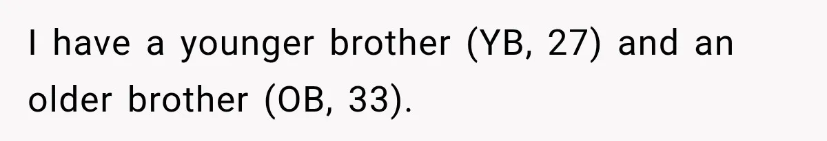 I have a younger brother (YB, 27) and an older brother (OB, 33).