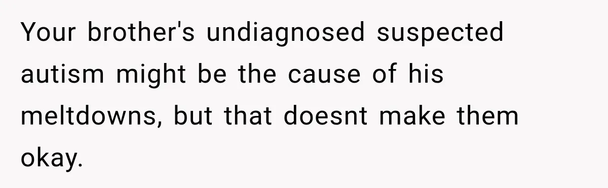 Your brother's undiagnosed suspected autism might be the cause of his meltdowns, but that doesnt make them okay.