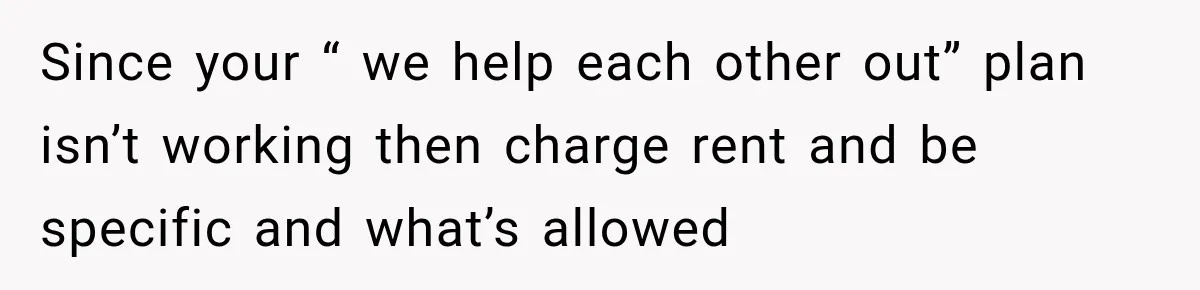 Since your “ we help each other out” plan isn’t working then charge rent and be specific and what’s allowed
