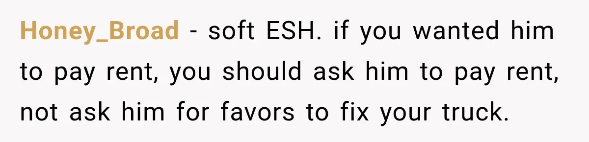 Honey_Broad − soft ESH. if you wanted him to pay rent, you should ask him to pay rent, not ask him for favors to fix your truck.