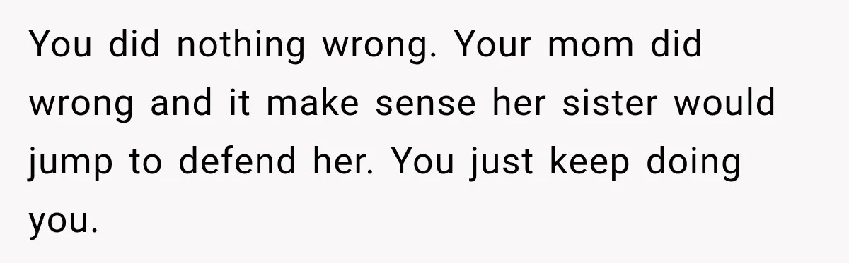 You did nothing wrong. Your mom did wrong and it make sense her sister would jump to defend her. You just keep doing you.