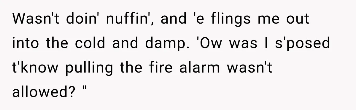 Drunk Guest Says Another Hotel Called The Cops “For No Reason,” Instantly Gets Turned Away Wasn't doin' nuffin', and 'e flings me out into the cold and damp. 'Ow was I s'posed t'know pulling the fire alarm wasn't allowed? "