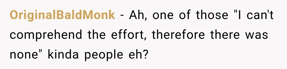OriginalBaldMonk − Ah, one of those "I can't comprehend the effort, therefore there was none" kinda people eh?