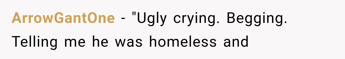 ArrowGantOne − "Ugly crying. Begging. Telling me he was homeless and